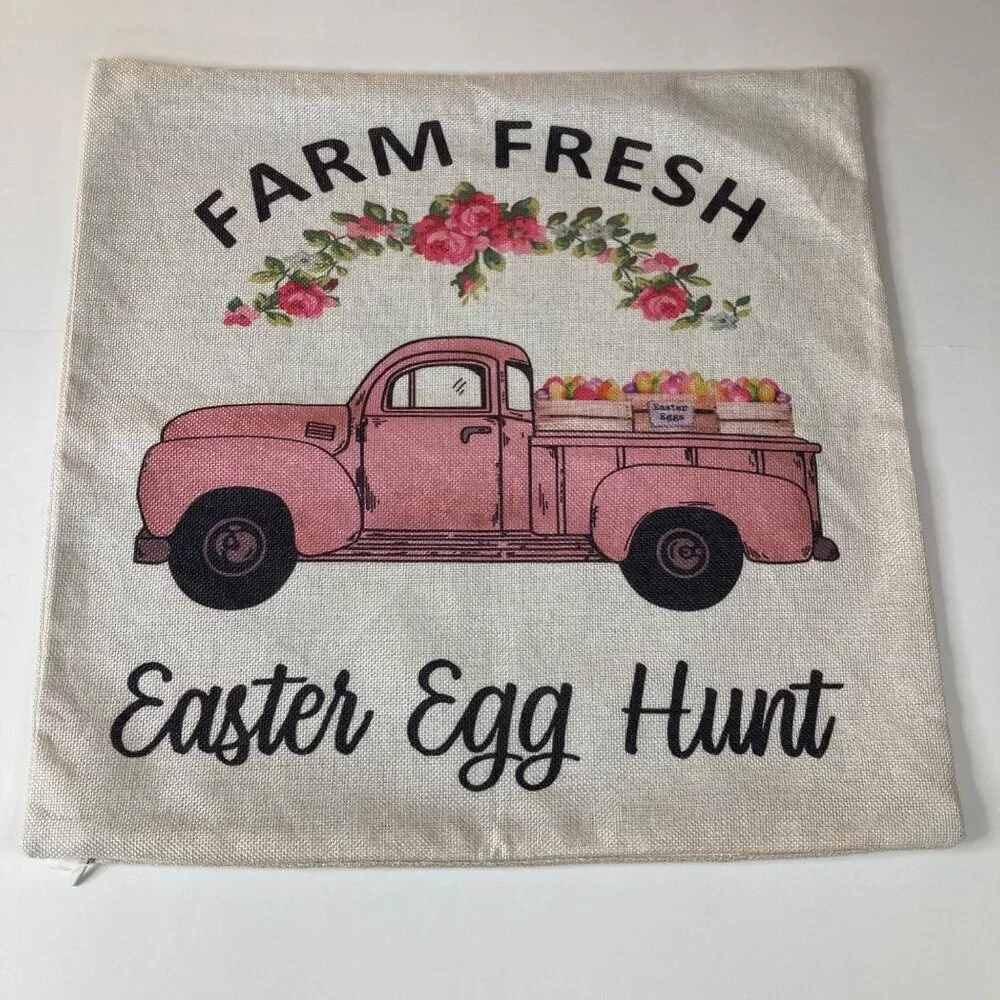 3 Easter Textured Sofa Pillow Covers Bunnies Eggs Farm Truck Tan‎ 16 x 17